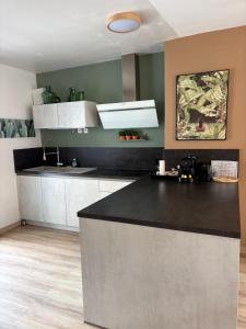 a kitchen with a black counter top and white cabinets at Appart 10 pers - Lille Lambersart - Parking & Terrasses in Lambersart