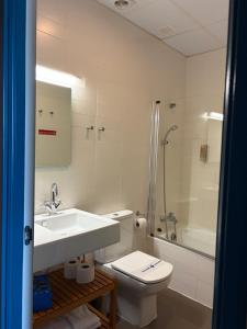 a bathroom with a sink and a toilet and a shower at Hospedería de Alesves in Villafranca +19 photos