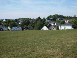 a field of grass with houses in the background at Ferienhaus im Grünen - NEU mit E-Auto Ladesäule in Morsbach