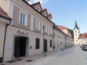 a street in a town with buildings and a street light at Mestna Vila Krško in Krško