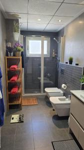 ein Badezimmer mit zwei Toiletten, einer Dusche und einem Waschbecken in der Unterkunft De paso in Albatera + 29 Fotos