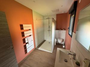 a bathroom with a shower and a sink and a toilet at Brin d'Air Lodge in Montcornet