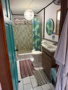 a bathroom with a toilet and a shower and a sink at My Caribe Casa in Puerto Viejo