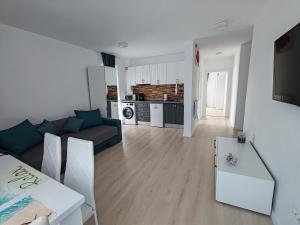 a living room with a couch and a kitchen at Cozy apartment Vama Veche in Vama Veche