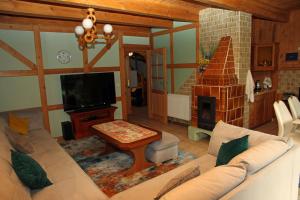 a living room with a couch and a fireplace at Anglo-Polish Holidays in Chycina