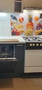 a kitchen with an oven with fruit on the counter at Berci Villa in Balatonboglár