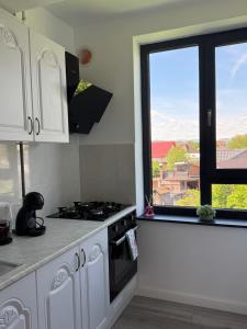 a kitchen with a stove top oven next to a window at Anais Flower in Târgu Neamț +3 photos