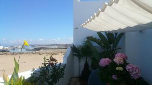 a view of the beach from a balcony with flowers at Dar Moussa Assilah in Asilah