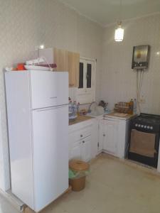 a kitchen with white cabinets and a white refrigerator at Taguermess Tag 2 in Taguermess