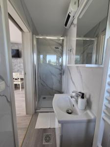 a white bathroom with a shower and a sink at Apartments & Rooms Aleksandra in Bled +40 photos
