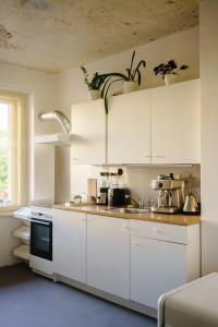 a white kitchen with white cabinets and a sink at Studio Hronov Apartment No1 in Hronov +26 photos
