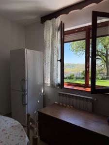 a kitchen with a refrigerator and a window at Holiday house Katrca in Pivka