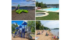 a collage of pictures of a playground and a pool at 6BR Luxury Mountain Retreat - Hot Tub, Game Room, Lake, Beach, Karaoke, Bar, Poconos in Albrightsville