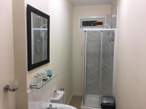 a bathroom with a shower, sink, and toilet at ML Lodge in Cardiff