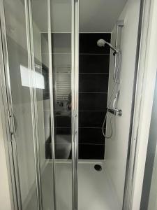 a shower with a glass door in a bathroom at Houseboat De Amstel in Monnickendam +23 photos