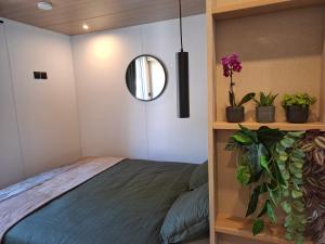 a bedroom with a bed and a mirror and plants at Stellira - Vakantieverblijf in Zonhoven