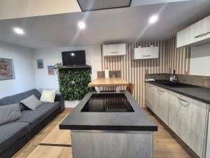 a kitchen and living room with a couch and a table at Cocon moderne et chaleureux in Craon
