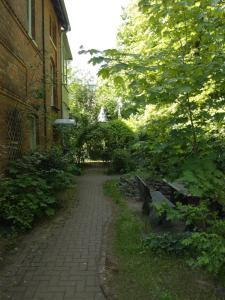 a brick walkway next to a building and trees at Apartment Wallblick in Nienburg