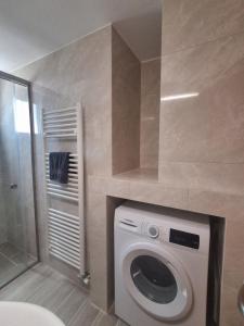 a bathroom with a washing machine and a shower at Manolas Sunset View in Glinádhon