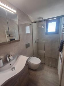 a bathroom with a shower and a toilet and a sink at Manolas Sunset View in Glinádhon +19 photos
