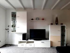 a living room with a tv and a white entertainment center at Heide Nest Soltau in Soltau