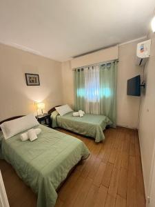 two beds in a hotel room with green sheets at Hotel Hernandarias in Santa Fe +76 photos