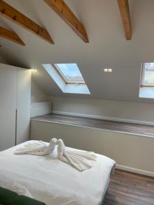 a bedroom with a bed with two skylights at Liams Cozy Villa in Korçë