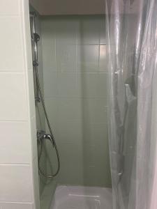 a shower with a shower curtain in a bathroom at Cocon de Tonnerre in Tonnerre