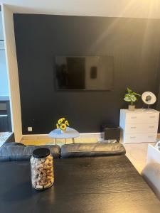 a living room with a couch and a flat screen tv at Cocon de Tonnerre in Tonnerre +3 photos