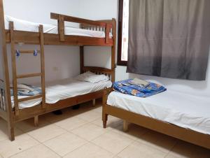 a room with two bunk beds and a window at Enjoy Hostel in Tirana