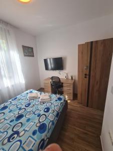 a bedroom with a bed and a desk and a television at Rusu Sirianu rooms in Timişoara
