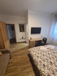 a bedroom with a bed and a desk with a television at Rusu Sirianu rooms in Timişoara