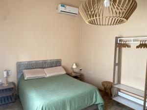 a bedroom with a green bed and a fan at Casa Ayacucho in Alta Gracia