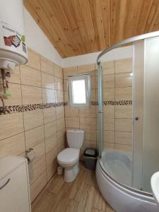 a bathroom with a toilet and a tub and a sink at Domek Leszek in Mikołajki