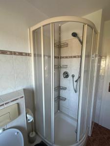 a glass shower in a bathroom with a toilet at Your home in Gohrisch in Kurort Gohrisch