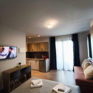 a living room with a couch and a table and a kitchen at Elegant Dream Suites in Agia Anna