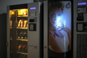 a microwave oven with a picture of a woman holding a candle at Rooms & Glamping Lana Haus in Ličko Petrovo Selo