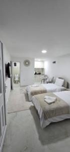 a bedroom with three beds and a living room at Airport Apartment Masa in Mitrovići