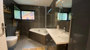 a bathroom with a sink and a tub and a toilet at Falke-Apart 1 am Wasserfall in Unterbach +50 photos
