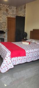a bedroom with a large bed with a red blanket at Quarto Privativo in Caparaó Velho