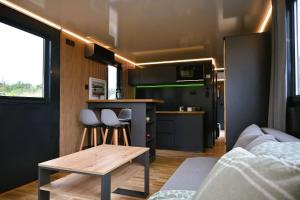 a tiny house with a kitchen and a living room at Aquastay Drift in Athlone