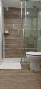 a bathroom with a glass shower and a toilet at Casa de mis padres in Rincón de Soto +22 photos