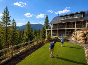 two people playing golf in front of a house at Grand Alpine Lodge in Ronald