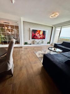 a living room with a couch and a tv on a wall at Appart meublé 92m2 + 2 terrasses in Brussels