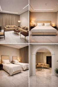 four pictures of a bedroom with a bed and a living room at شقق الياسمين الفندقية in Medina
