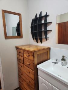 a bathroom with a sink and a mirror at Pink Pepper Yard in Uniondale +47 photos