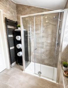 a shower with a glass door in a bathroom at Nore View House in Kilkenny +31 photos