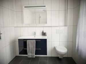 a white bathroom with a sink and a toilet at Apart Falke 2 am Wasserfall in Unterbach +26 photos