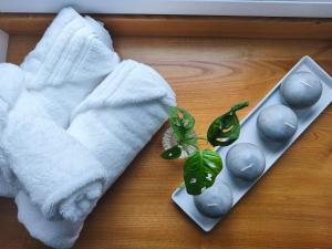 a towel and a plate of grapes on a table at Ty Noa - 2-bedroom cottage in Saint-Just