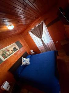 a bedroom with a blue bed and a window at Cabaña el ricky in Cabrero